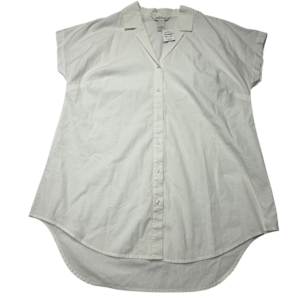 Orvis White Dobby Cotton‎ Short Sleeve Button Down Tunic Top Womens L NWT